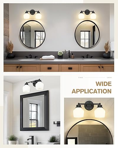 Miniatura 5 de Emak VL122-BK-ML-2 - Lámpara de tocador de 2 luces, moderno accesorio de baño negro para casa de campo sobre espejo con pantalla de vidrio de leche