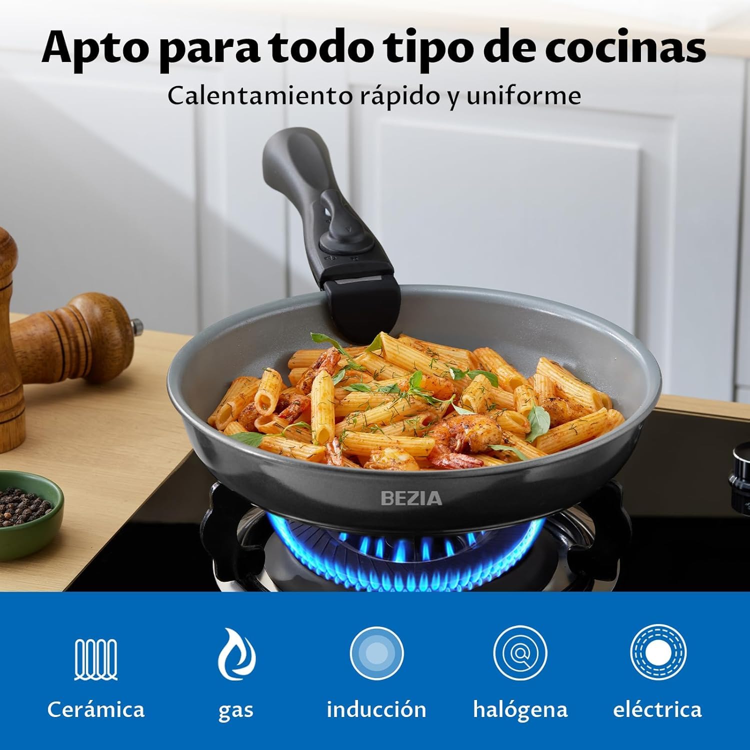 BEZIA Juego de Sartenes Antiadherentes para Inducción, Sartén de Cerámica | Juego de Ollas Cerámica de 10 Piezas, Juegos de Sartenes con Asas Desmontables, Juego de Utensilios de Cocina Apilables