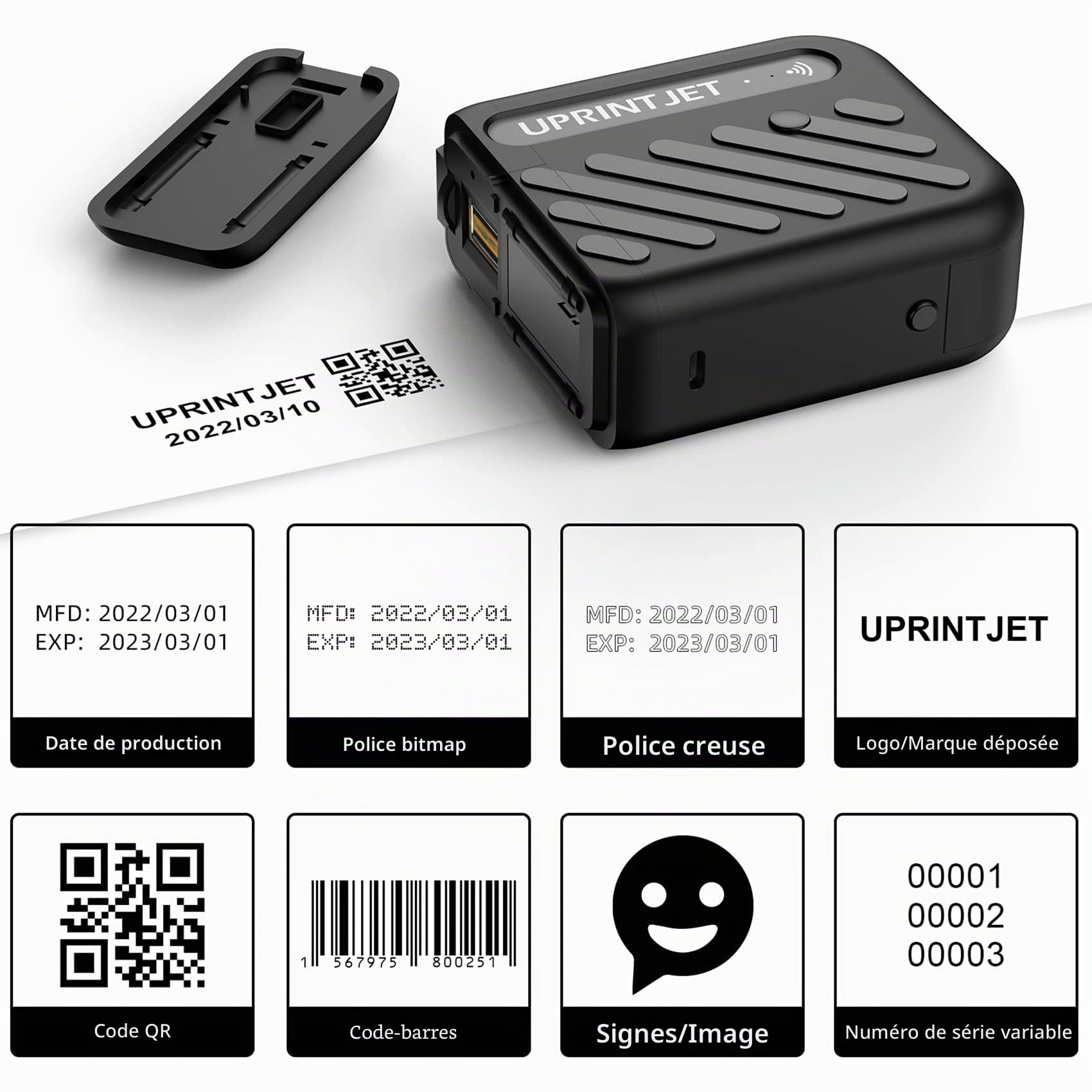 B10 Mini Imprimante Portable, Imprimante à Jet d'encre Portable Compatible avec iOS/Android pour Date de Production, Logo, Image, Numéro de lot, Code QR, Code Barres – Noir