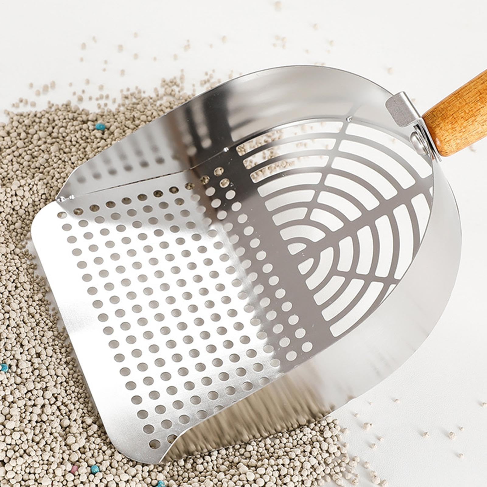 Paletta per lettiera, Accessorio ergonomico for Animali Domestici in Acciaio Inossidabile con Manico Lungo for casa, Viaggi e Interni(Stainless Steel Round Hole Style)