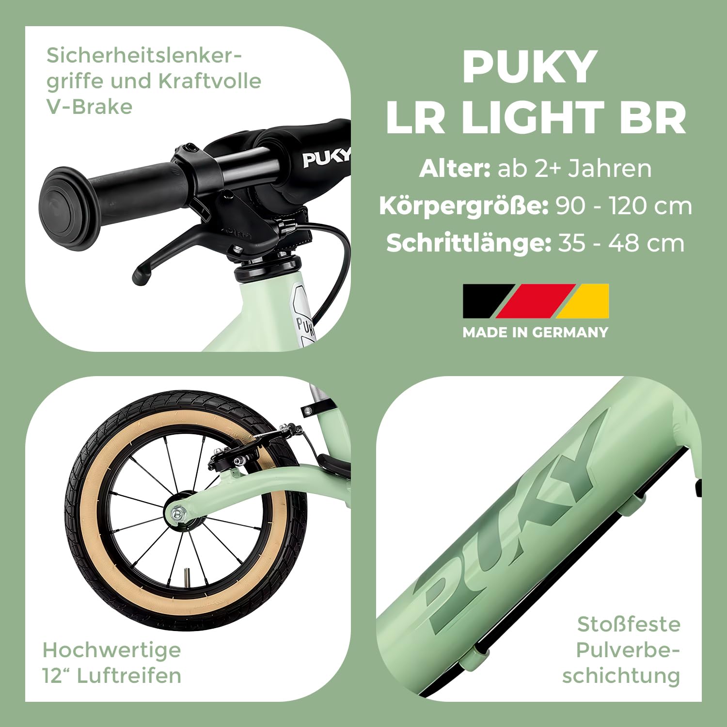 PUKY LR Light BR Laufrad Grün | Ultra-Leicht mit 3,60 kg | Sicherheitslenkergriffe & V-Brake | Anpassbarer Laufradsattel | Sportliches Design | Inklusive Seitenständer & Trittbrett | Ab 2 ½ Jahren