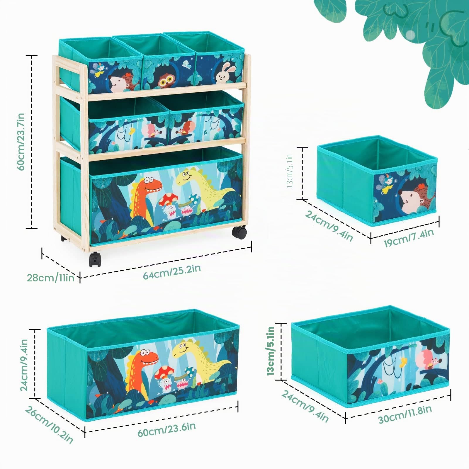 HOMCENT Organizador de juguetes con ruedas y 6 contenedores de almacenamiento de gran capacidad para guardar juguetes en la habitación de niños, tema de dinosaurios