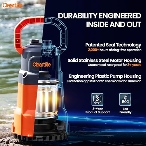 Miniatura 4 de Cleartide Bomba de sumidero sumergible, bomba de agua utilitaria de 1/2 HP para drenaje de piscinas, jacuzzi, sótano, bomba de drenaje eléctrica