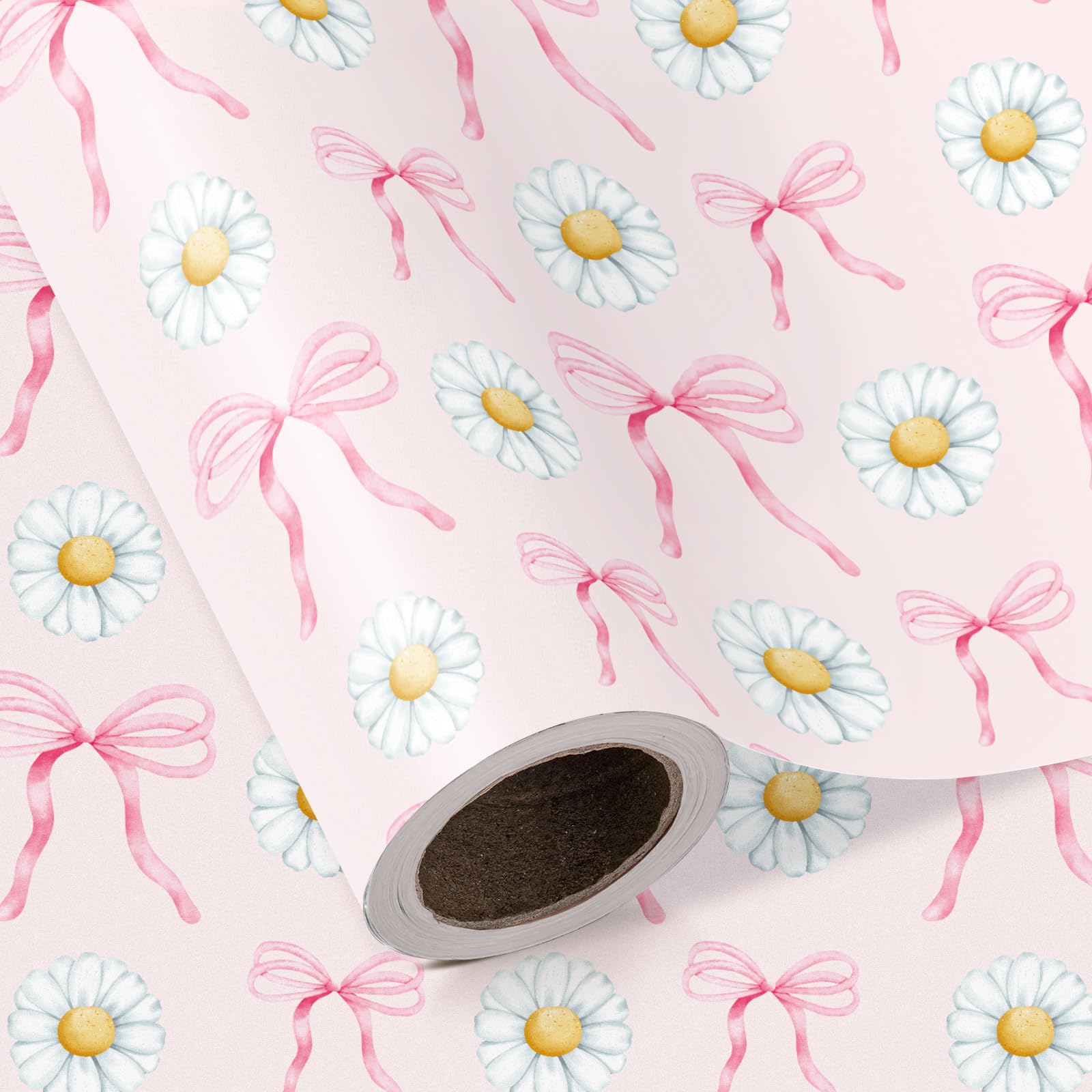 RUSPEPA Pink Bow Wrapping Paper Roll - Mini Roll - 43.2cm x 5m - Pink Coquette Ribbon Bow and Daisy Wrapping Paper for Girl Birthday, Valentine's Day, Bachelorette