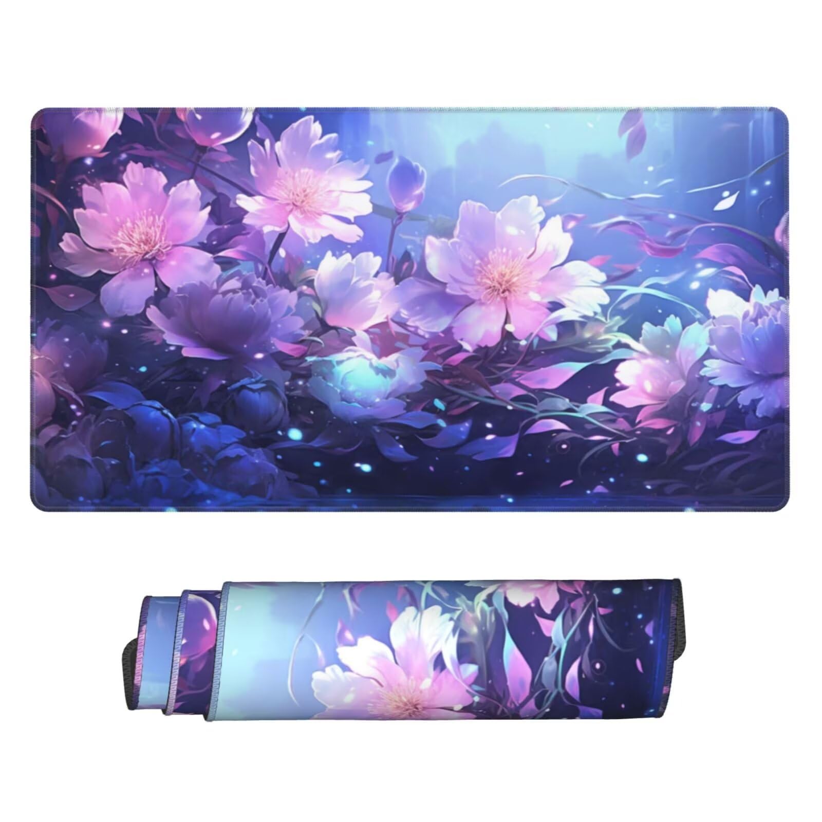Alfombrilla de Ratón Gaming Grande XXL 1400x600x4mm con Bordes Cosidos, Tela de Micro Tejido, Base de Goma Antideslizante y Mouse Pad, para Teclado Jugadores Escritorio, PC, Oficina Flor Morada Y6526
