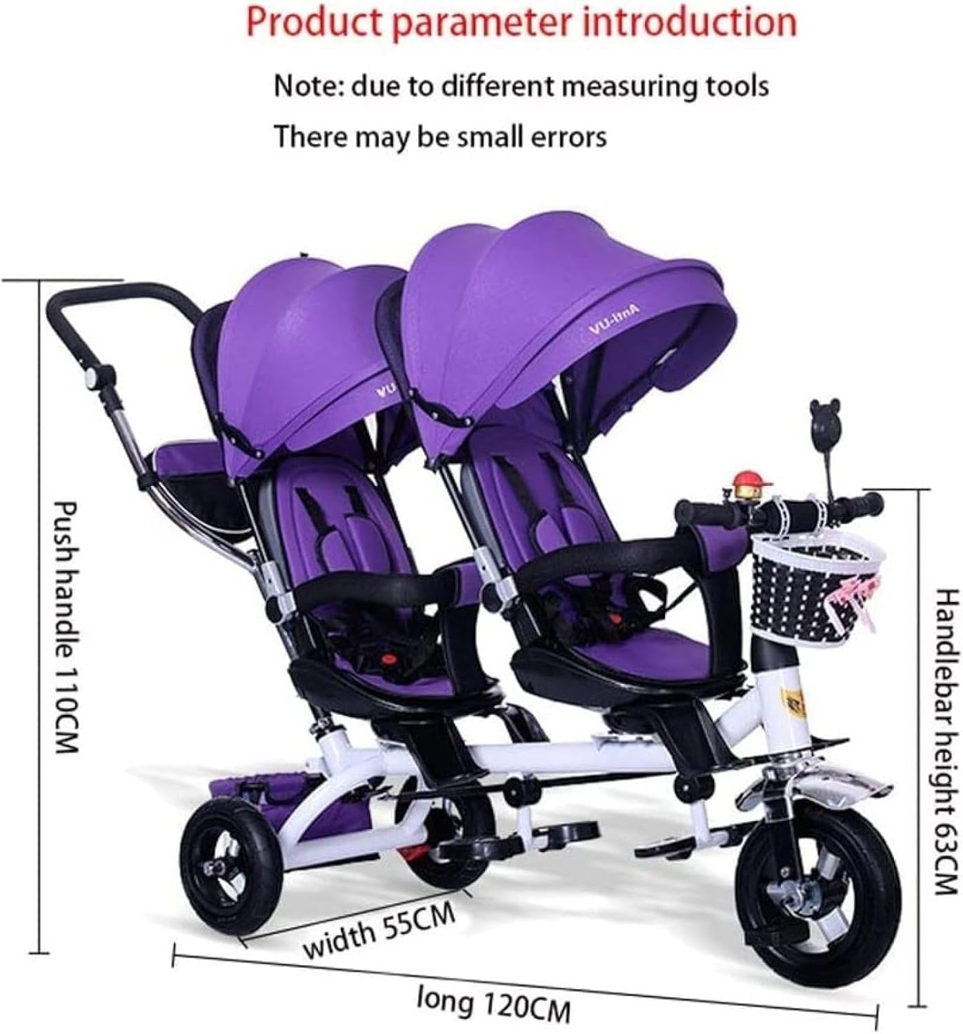 Kids Four in One Double Tricycle, Bike, Two Seater Pedals, Parasol Stroller, Two Way Swivel Seat/Removable Back Strap/Retractable Pedals, Purple, A
