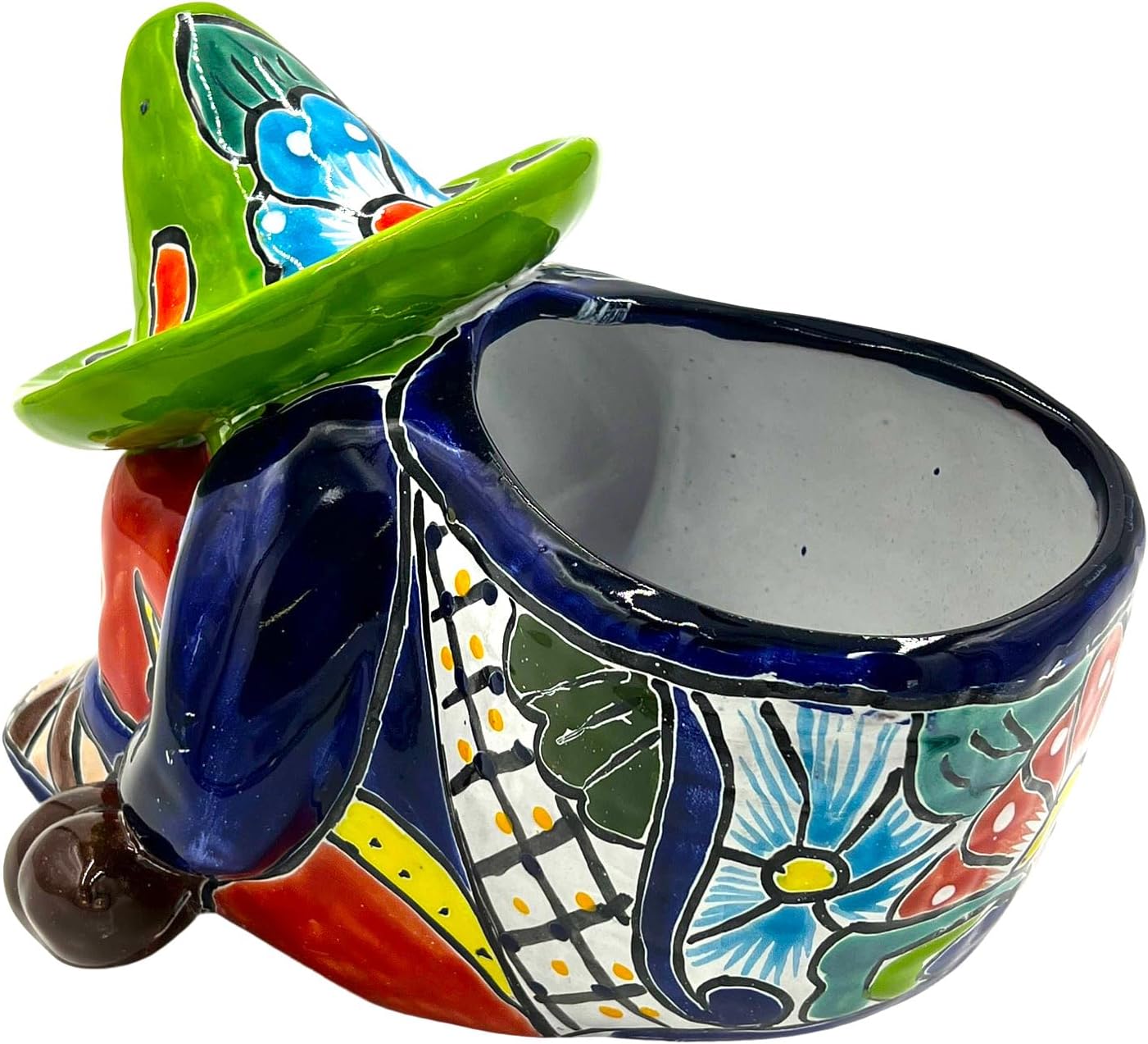 Cactus Canyon Ceramics Sleeping Man - Ranchero Canasta GDE Mexican Talavera Planter Pot (11" D x 9" W x 8.5" H) Hand Painted - Variable Color Trim - Mexican Decor Planter