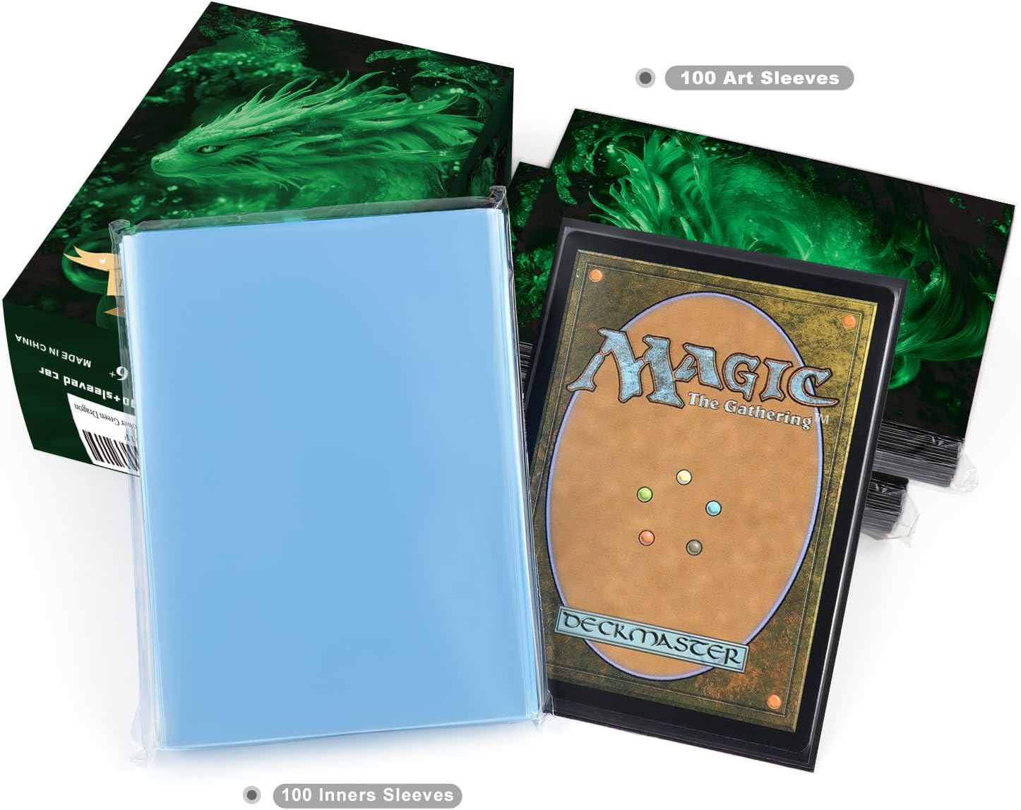Katomula 100 MTG Card Sleeves with 100 Inner Sleeves, Textured Back Art Sleeve, Fit Standard Size Cards (Power Green Dragon)