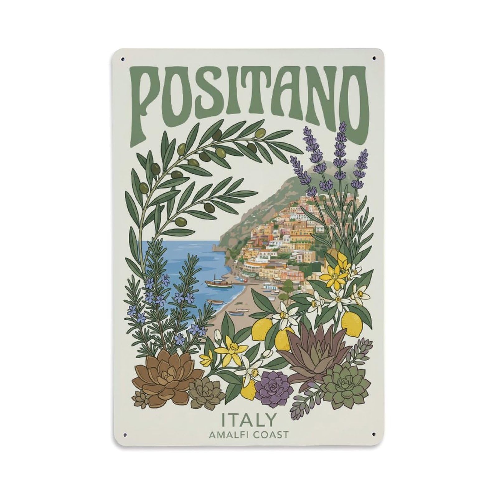 Vintage Travel Positano Italy Storm Metal Tin Sign Plaque Wall Decor for Cafe, Club Bar, Office, Garden Metal Poster 8x12Inch