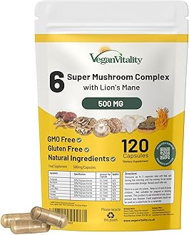 6 Mushroom Supplement Including Lions Mane Supplement High Strength Capsules. Mushroom Complex with Lion's Mane, Reishi, Chaga Mushroom Powder, Shitake, Cordyceps & Maitake. 120 Count.