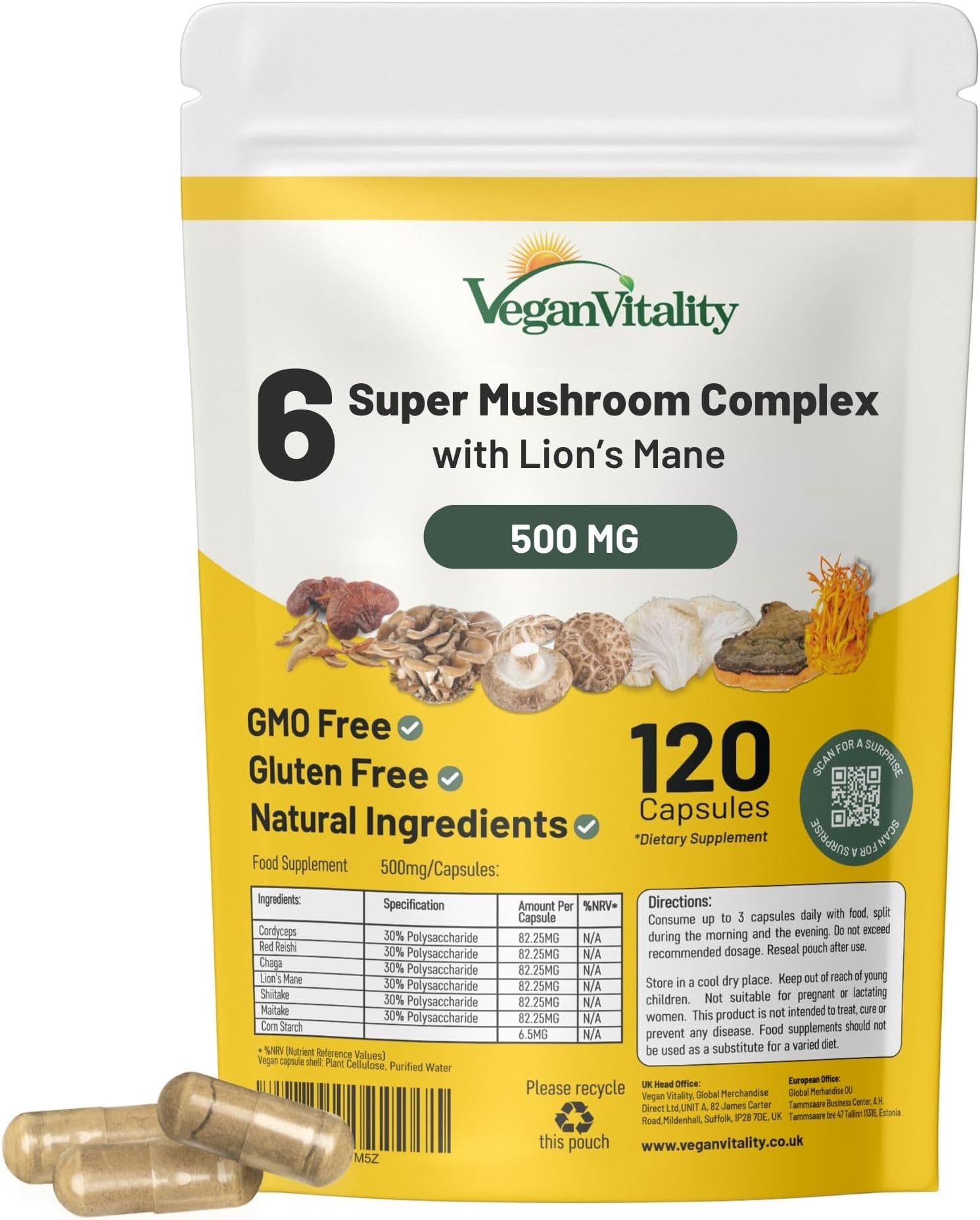 6 Mushroom Supplement Including Lions Mane Supplement High Strength Capsules. Mushroom Complex with Lion's Mane, Reishi, Chaga Mushroom Powder, Shitake, Cordyceps & Maitake. 120 Count.