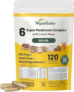 6 Mushroom Supplement Including Lions Mane Supplement High Strength Capsules. Mushroom Complex with Lion's Mane, Reishi, Chaga Mushroom Powder, Shitake, Cordyceps & Maitake. 120 Count.