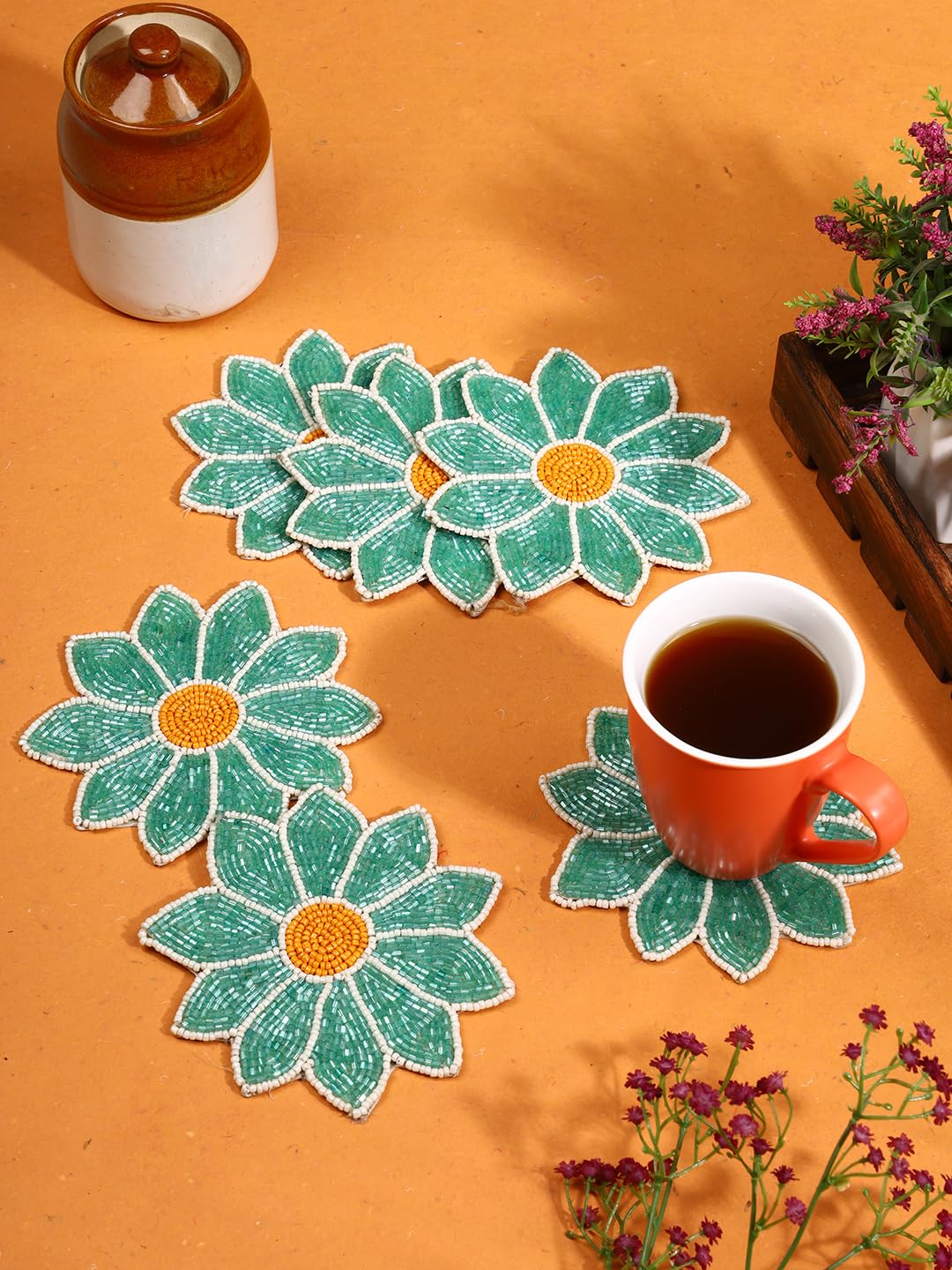 HAWAMAHAL Handmade Beaded Coster Set for Home Kitchen, Office Desk (Set of 6 Pieces | Diameter 4.00 Inch) -CTH0018 (Design 2)-image-48