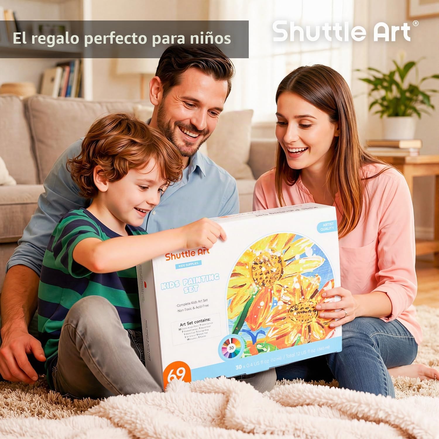 Shuttle Art 69PCS Kit Pintura Niños, Set de Pinturas Acrílicas Completo que Incluye 30 Colores de Acrílica, Caballete, Lienzo, Sello, Pinceles, Paleta para Niños para Pintar