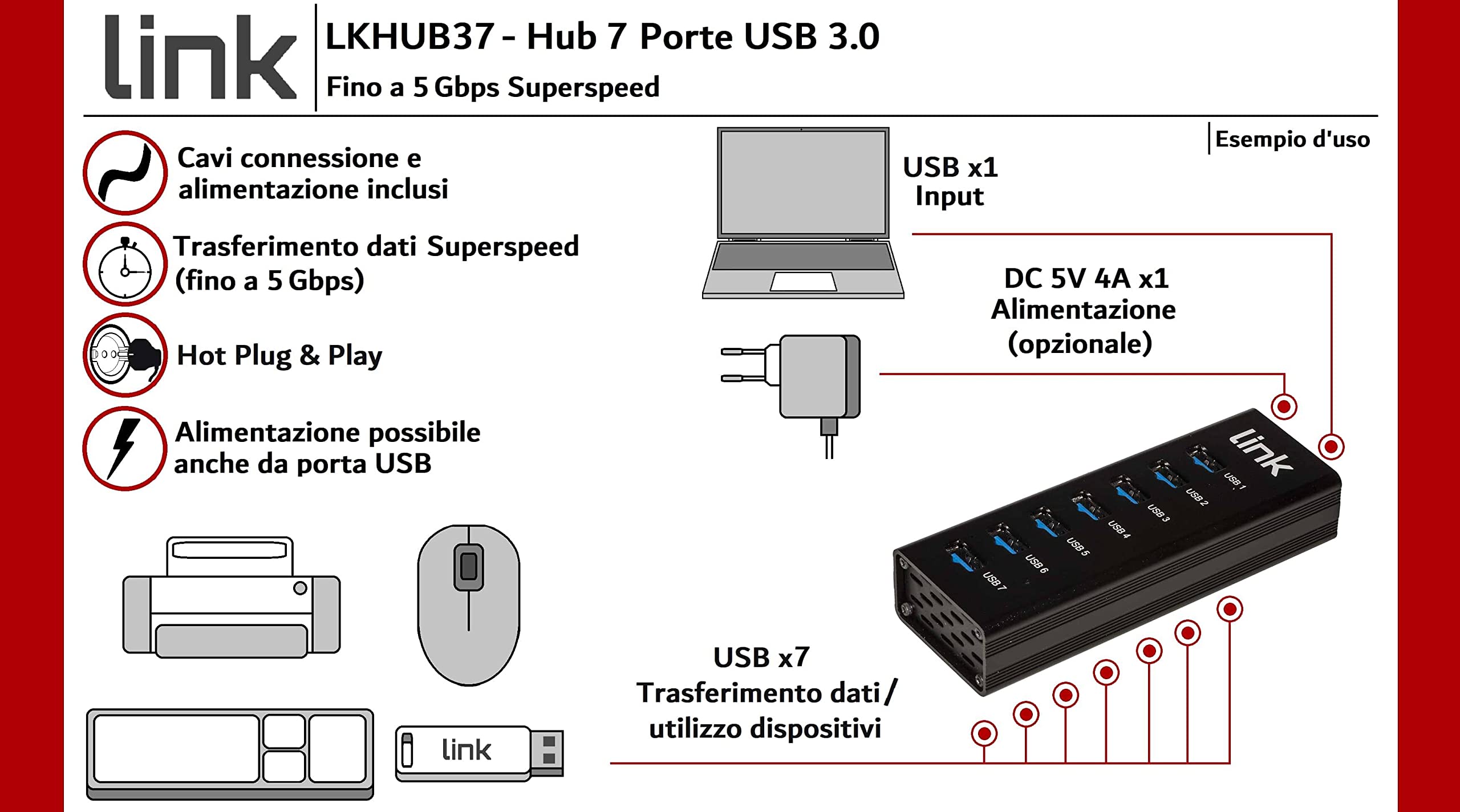 LINK LKHUB37 Hub 7 Porte Usb 3.0 in Alluminio con Alimentatore