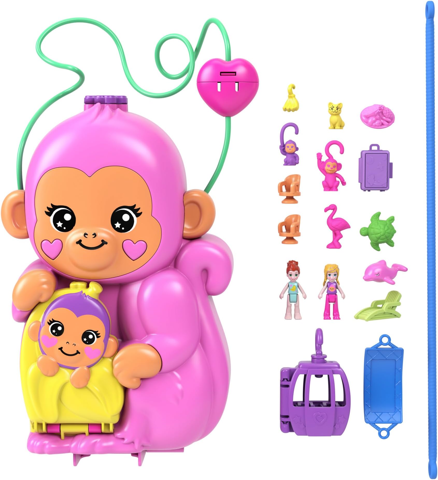 Polly Pocket Dolls & Playset with Pets & 13 Accessories, 2-in-1 Momma Monkey & Baby Wearable Purse & Animal Toy