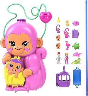 Polly Pocket Kompaktowa torebka Małpka Zestaw do zabawy z figurkami zwierzątek i akcesoriami, HWP04