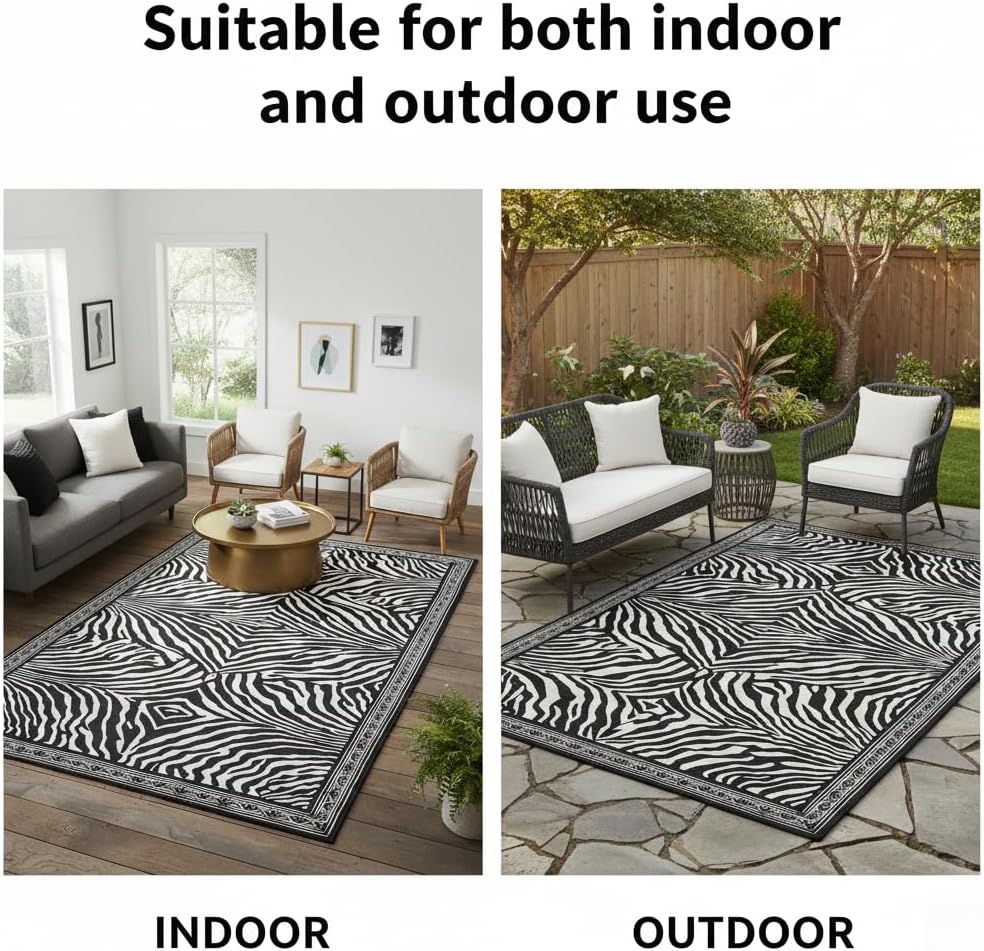 5x7 Area Rug for Living Room，Modern Abstract Black and White Zebra Print Rug, Non-Slip Washable Terrace,Indoor/Outdoor