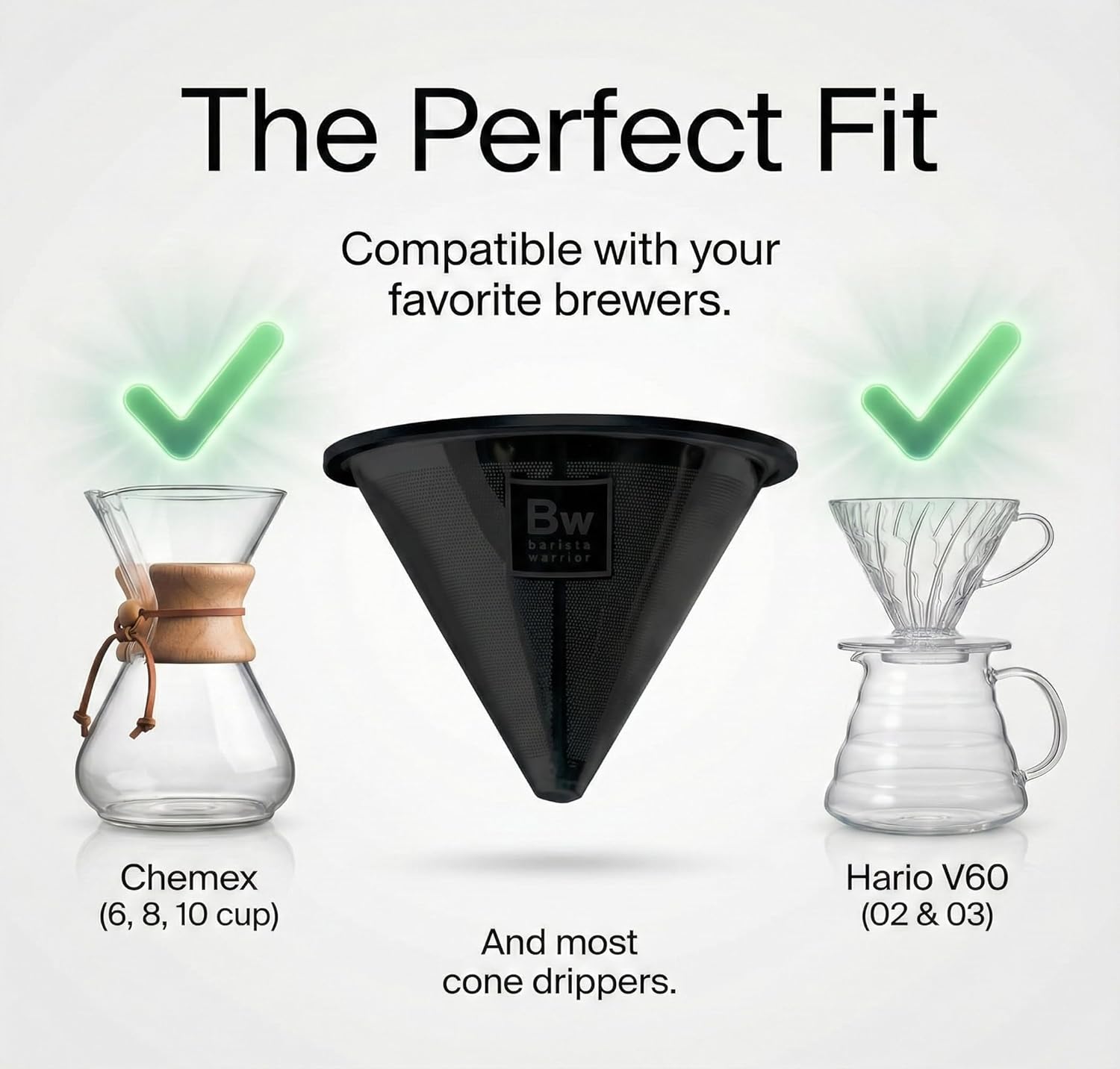 Barista Warrior Reusable Coffee Filter - Stainless Steel Pour Over Dripper, Compatible for Chemex, Hario V60 & Drippers, Easy to Clean Flavorful Brew Fine Mesh Coffee Filter - Black Titanium
