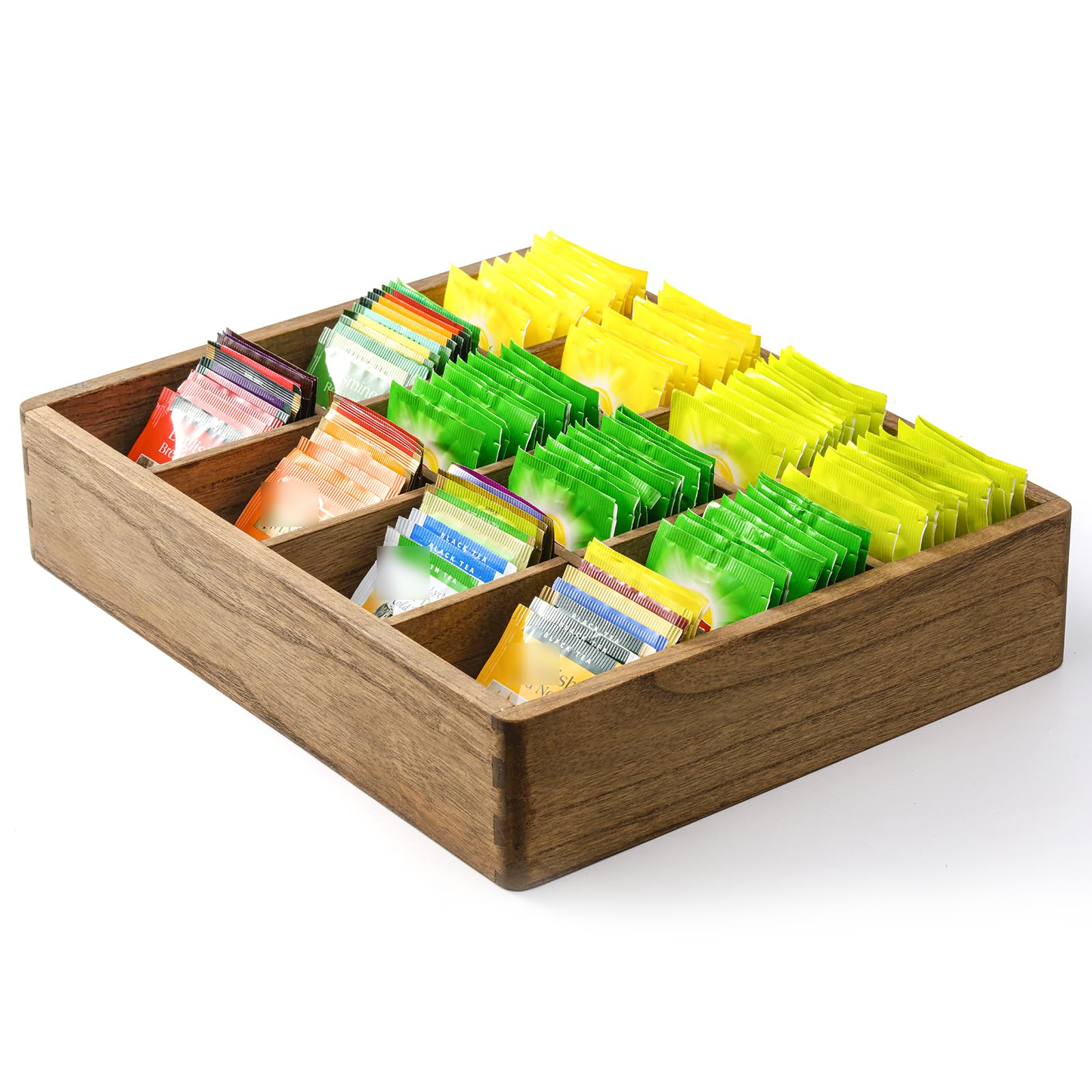 KIRIGEN offene Teebox, Tee Organizer, Teeaufbewahrung, 12 Fächer, Gelbbraun | Ohne Deckel, 12 Fächer, Massivholz, montagefertige Zapfenverbindung, pflanzenölbehandelt, für Schublade, Schrank und Büro