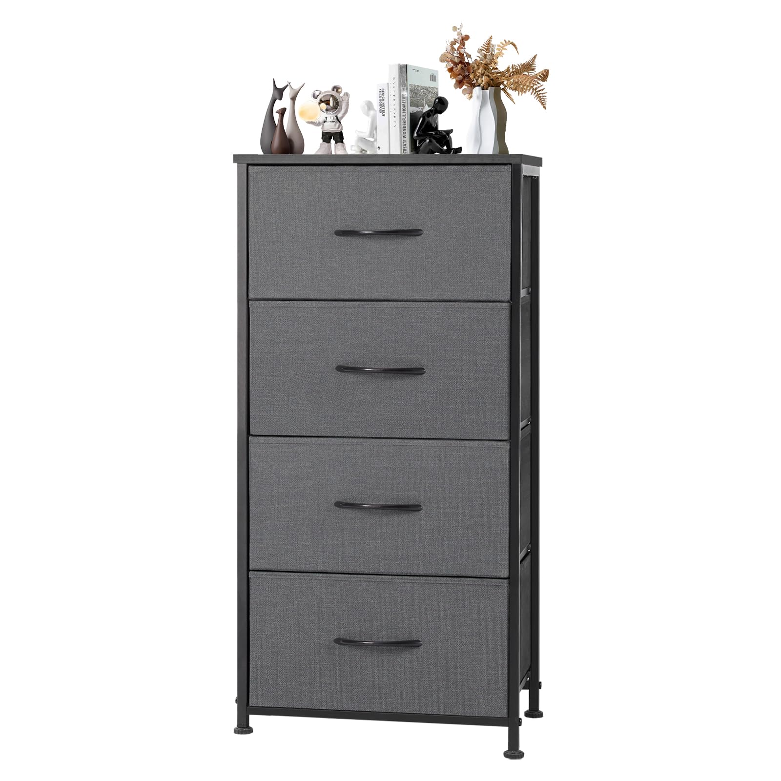 DUMOS Dresser for Bedroom 4 Drawers, Tall Fabric Closet Chests Organizer Tower Furniture with Wooden Top Metal Frame for Living Room, Closet, Grey