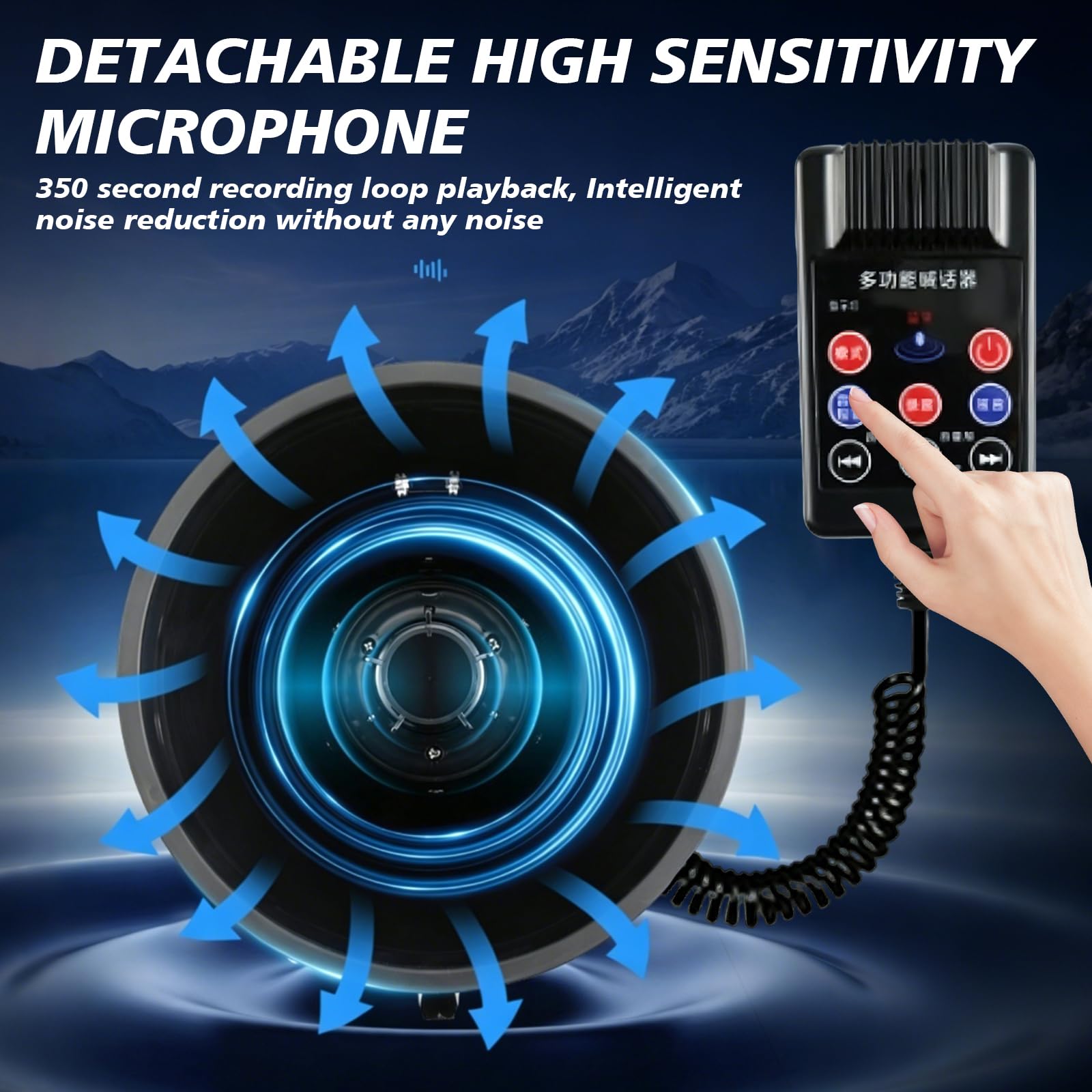 Megáfono con Bluetooth y Sirena, Alcance de 2000m, Megáfono Portátil con Micrófono Desmontable, Altavoz Recargable con Sirena para Eventos al Aire Libre, Control de Multitudes, Deporte