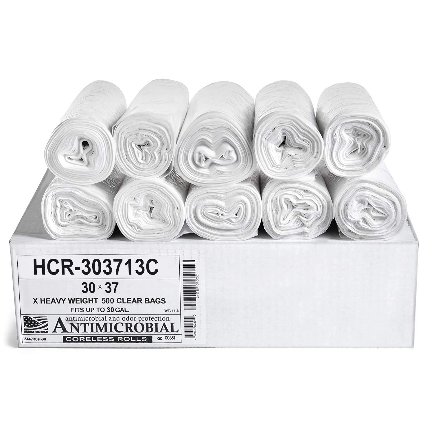 Aluf Plastics HCR-303713C High Density Star Sealed Coreless Roll Bags, 30 gal, Polyethylene, 30" x 37", Clear (Pack of 500)