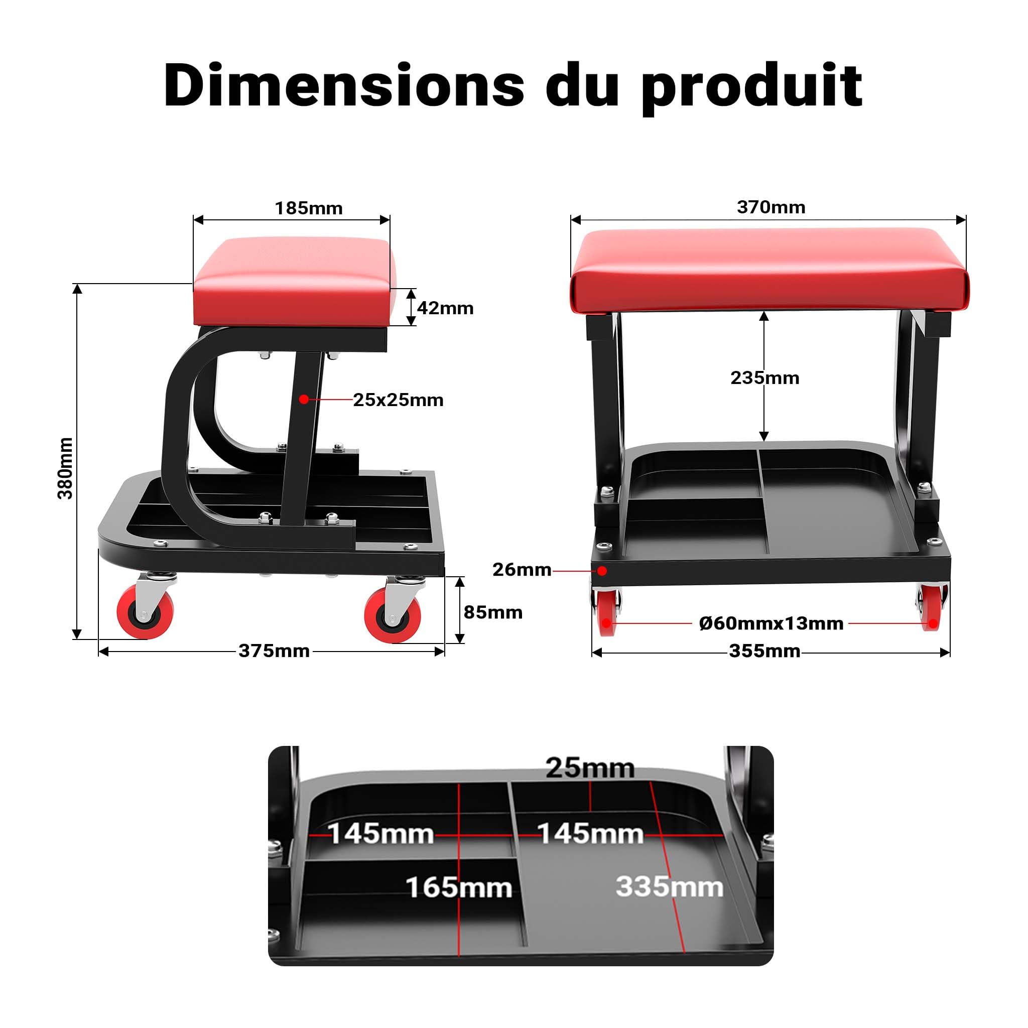 WilTec Tabouret de mécanicien 37,5 x 36 x 38,5 cm Noir Rouge Servante d’Atelier Mobile sur Roulette Plateau Outils Inclus Rangement Garage Jardinage Ergonomie Chariot de Visite