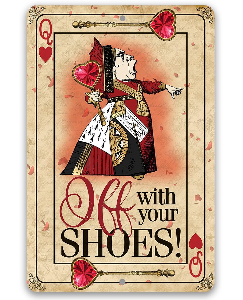 Yaasimoule Metal Off With Your Shoes Alice Queen Of Hearts Signs Signs & Plaques Home Decor 12X8 Inch/30X20cm