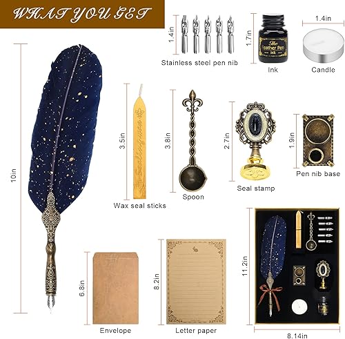 Miniatura 9 de Anglekai Juego de bolígrafo y tinta, pluma de caligrafía con sello de cera, tinta y barras de sello de cera, puntas de repuesto, cuchara, papel de