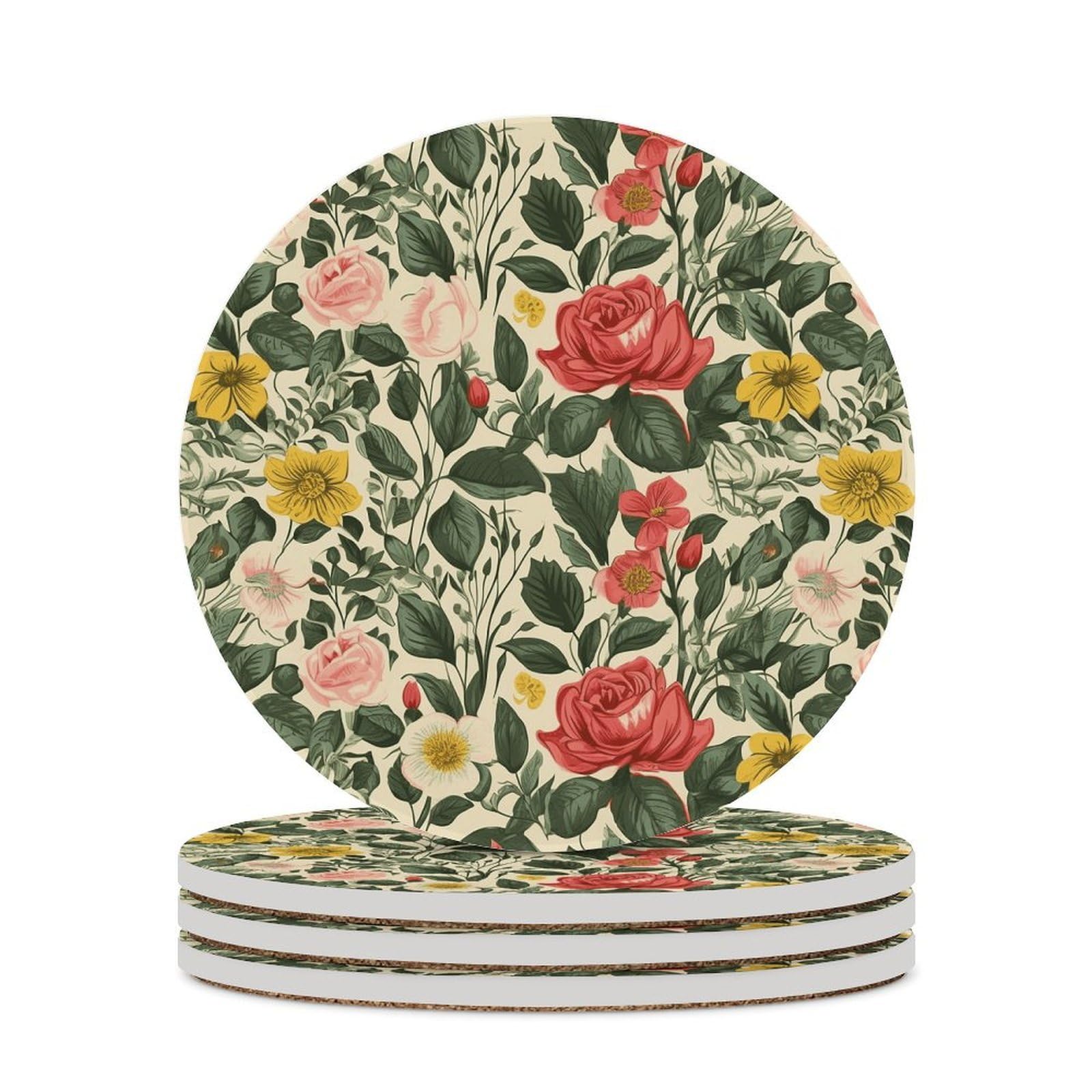 Rose Drink Coasters with Holder for Coffee Table,Ceramic Coaster with Cork Base,Ceramic Stone Coaster for Iced Cold Or Hot Drinks,4.1 Inches