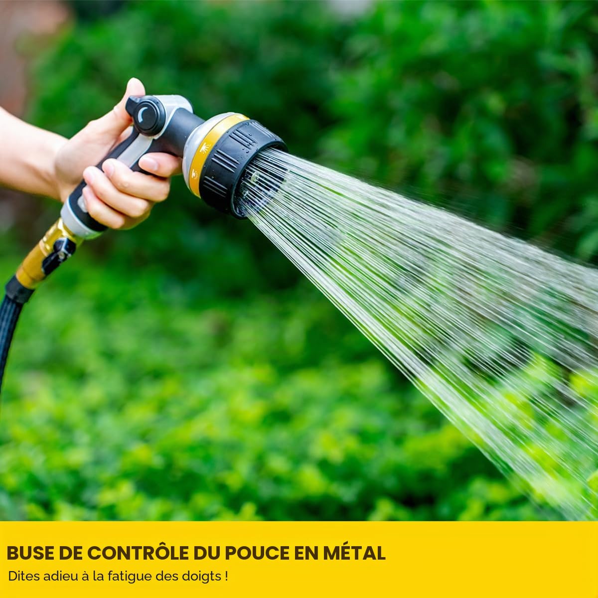 FANHAO Pistolet arrosage robuste, pistolet d'arrosage métallique avec 10 modes de pulvérisation, contrôle au pouce, buse haute pression pour l'arrosage des plantes, lavage de voiture, jaune