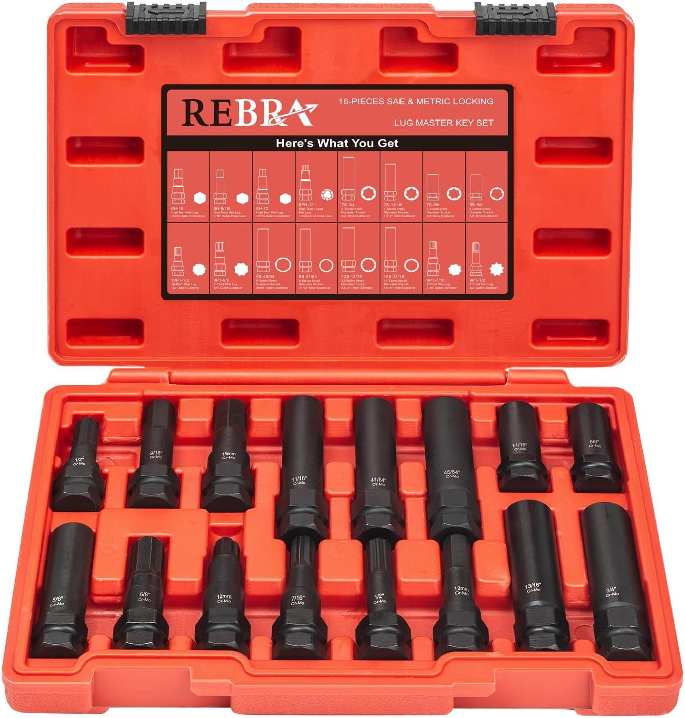 Lug Nut Key Set, SAE & Metric Inner Wheel Lock Removal Sockets Tool Kit for Easy Removal of Locking Lug Nuts on Aftermarket and Factory Wheels 16-Pieces