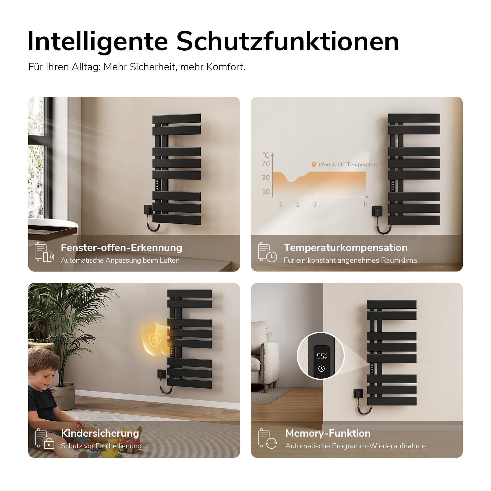 EMKE Elektrischer Badheizkörper 850x400 mm, Intelligenter Handtuchheizkörper mit WiFi-App-Steuerung, Timer & Thermostat, Handtuchwärmer zur Wandmontage, 230 Watt, IP45, Schwarz