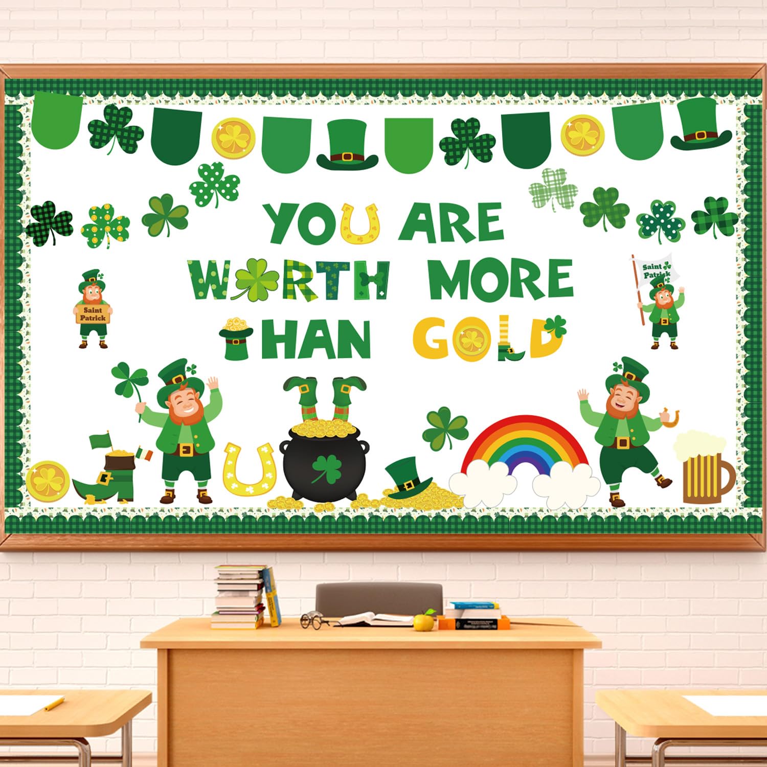 St. Patrick's Day Bulletin Board Decorations Set Lucky Shamrock Cutouts with Green Bulletin Board Border March Rainbow Classroom Decoration Irish Holiday Wall Door Decor for Home Office School Library