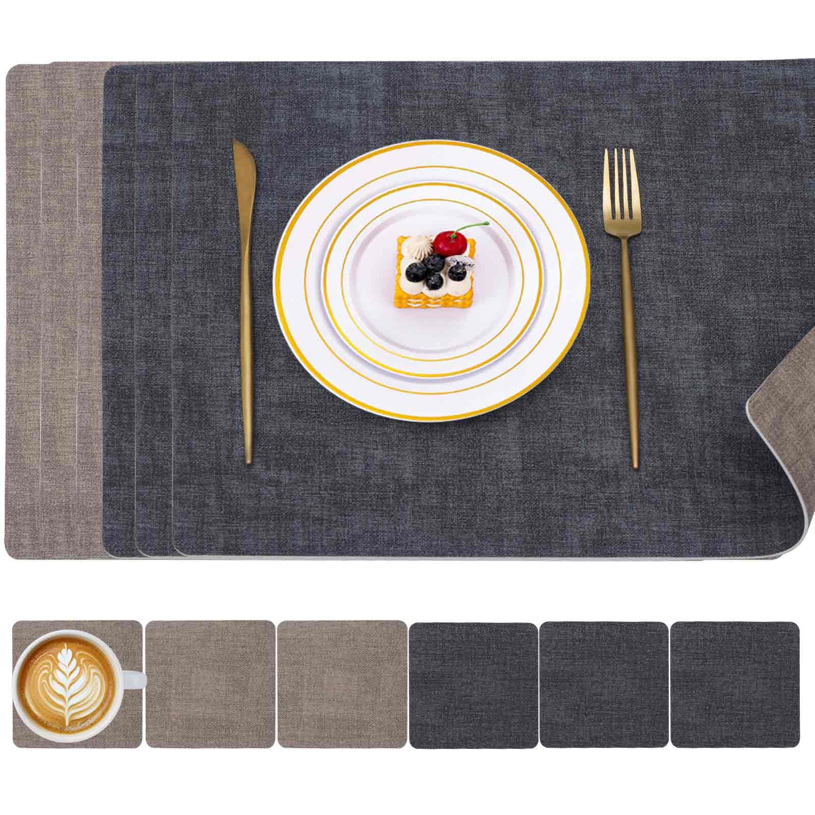 Placemats Set of 6 with Coasters, Heat-Resistant Placemat, 100% Waterproof Oilproof Wipeable Faux Leather Table Mats, PU Dual-Sided Desk Mats for Dining, Kitchen, Restaurant 43x30CM-Grey+Beige