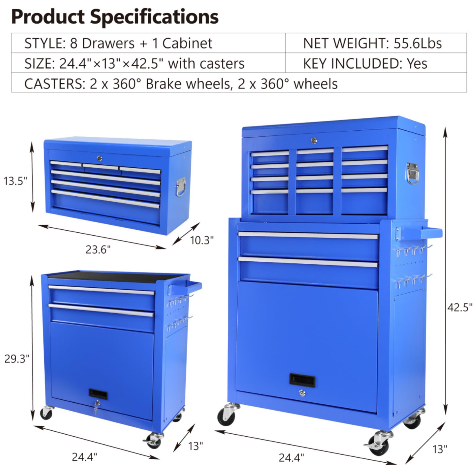 LKTART 8 Drawer Rolling Tool Chest High Capacity Workshop with Wheels and Locking System Removable Tool Chest with Drawers 2 in 1 Portable Toolbox Organizer Blue