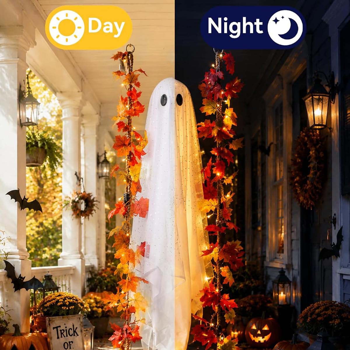 Wiszący duch na Halloween, dekoracja ze światłem LED i huśtawką w kształcie liścia klonu, zdalnie sterowana dioda LED, do użytku wewnątrz i na zewnątrz, na drzewo, werandę, jesienną girlandę