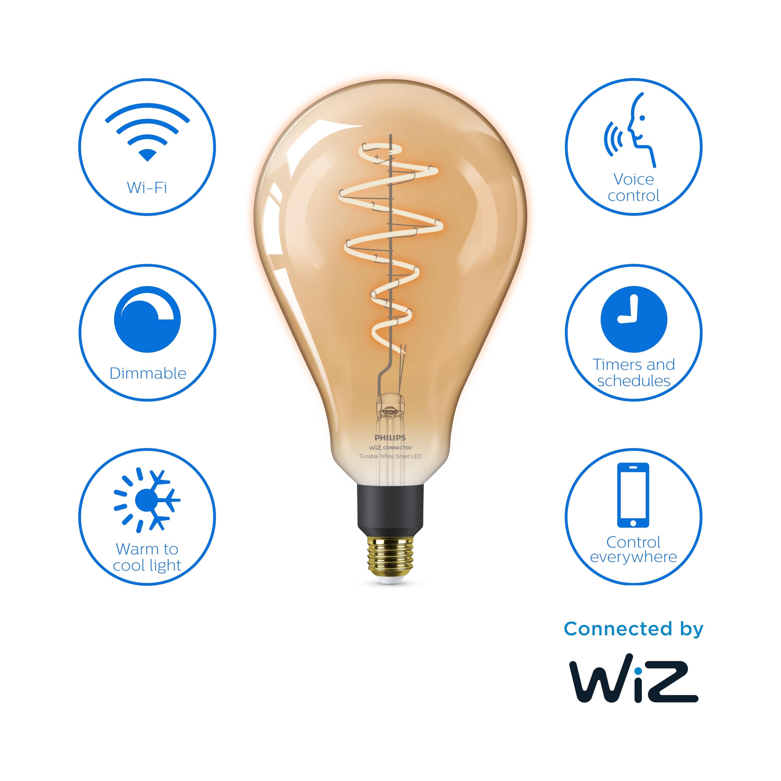 Philips WiZ Smart Vintage Edison Giant Tear Drop E27 LED Light Bulb, 6W, 390 Lumens, Dimmable - Image 2