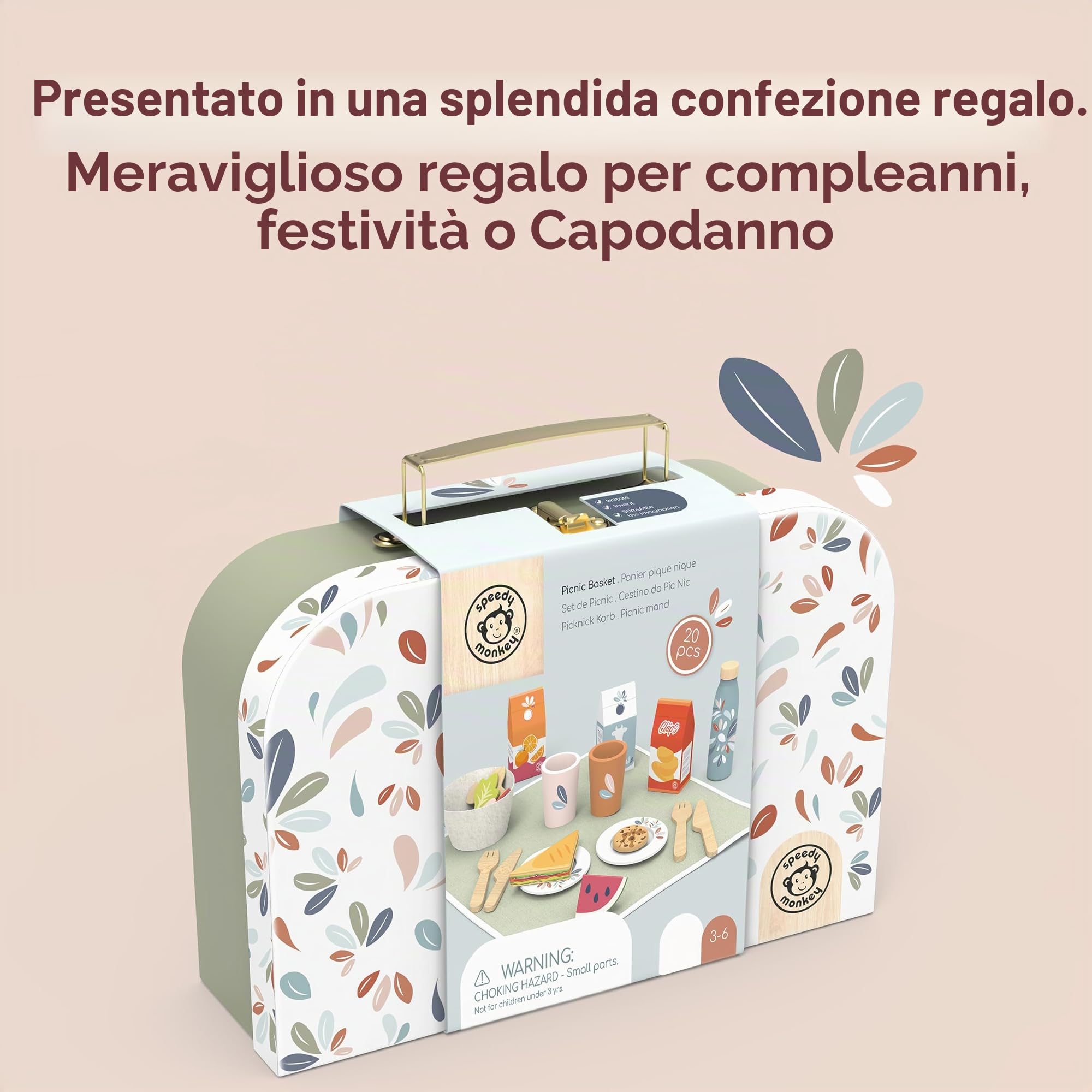 Speedy Monkey Cestino da picnic in legno, include piatti da gioco, ciotola in feltro, scatole per cibo e bevande, ottimo gioco di ruolo per ragazze e ragazzi di 2 anni, giocattoli per bambini e