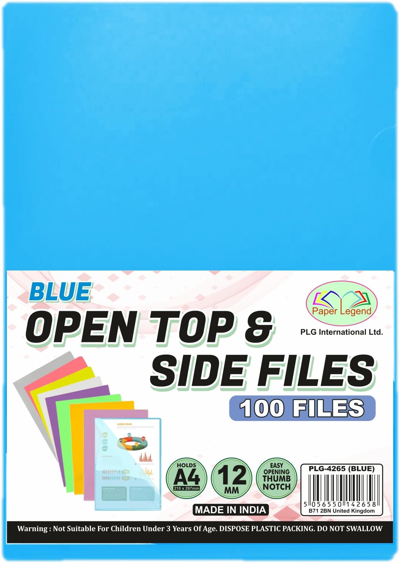 (100 Pcs) A4 Cut Flush - Open Top & Side Files L Type Folder to Protect Files 12mm Transparent Plastic Wallet Sleeves Gloss & Plain Project Presentation Cover Thumb Notch for Paper Storage (Blue)