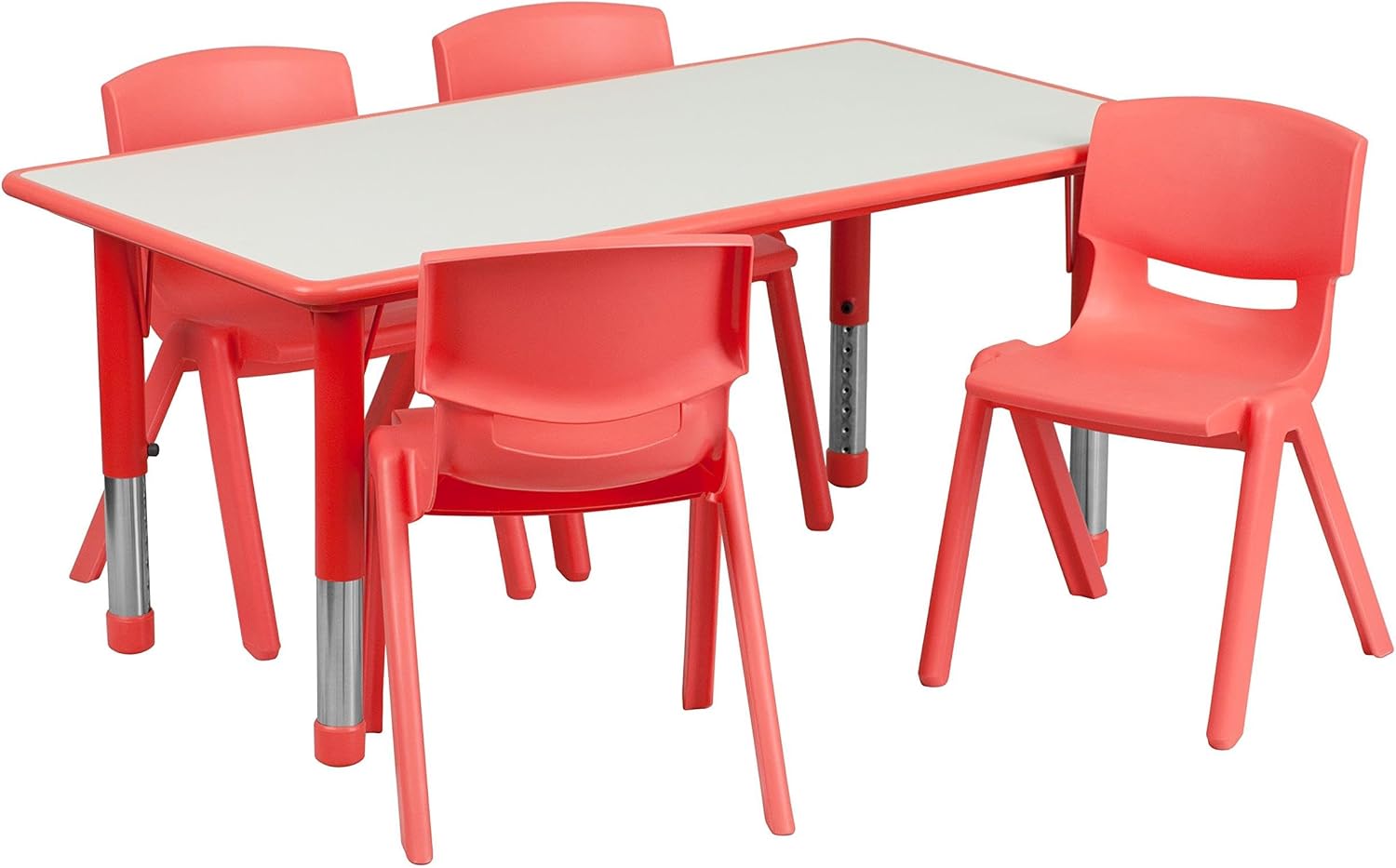 BOWERY HILL Kids Activity Table Set, 4 Stacking Chairs Included, Metal/Plastic, Adjustable Rectangular Table, Gray Top with Red Rounded Edge, 23.5" H x 23.63" W x 47.25" D, Ideal for Classroom or