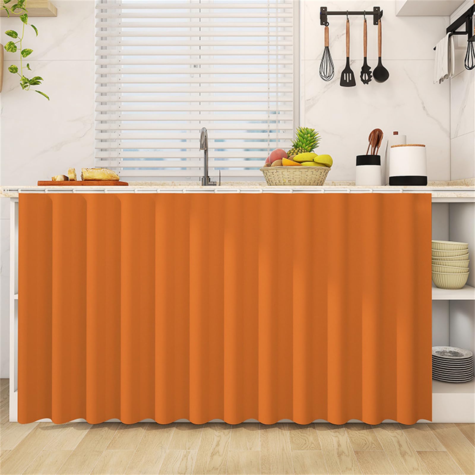 Highdi Cupboard Short Curtain Kitchen, Hide Away Small Curtains for Kitchen Cupboard Door - No Drilling Is Required with Hook and Loop for Under Sink-Solid Colour (Orange,80 * 120cm)