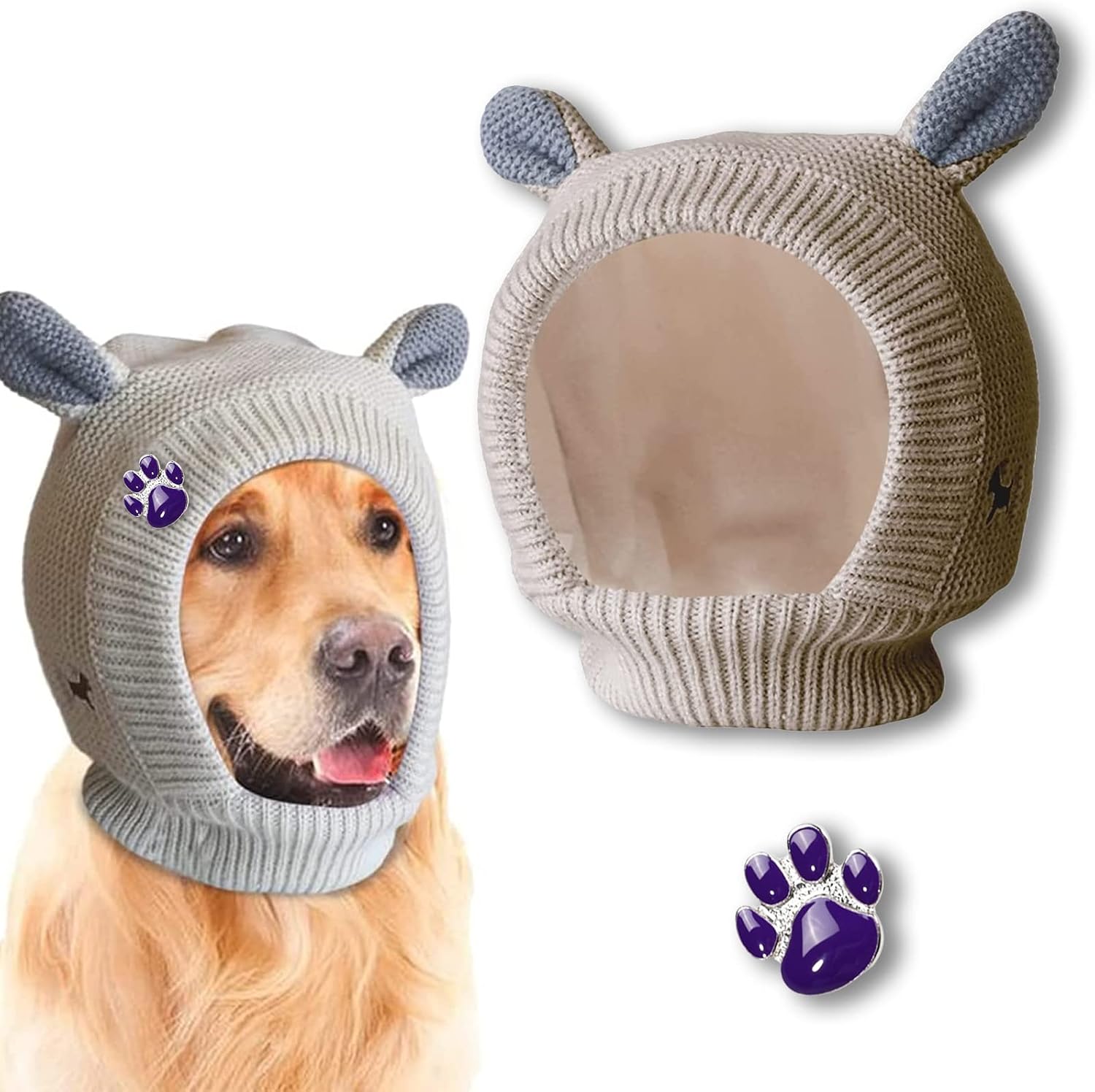 SGQCAR Quiet Dog Ear Muffs Noise Protection Pet Ears Covers Knitted Hat Anxiety Relief Winter Warm Earmuffs for Large Dogs Barking Beige