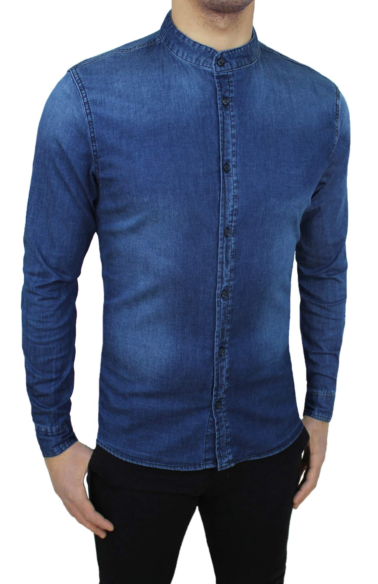 Camicia di Jeans Uomo Denim Slim Fit con Colletto alla Coreana
