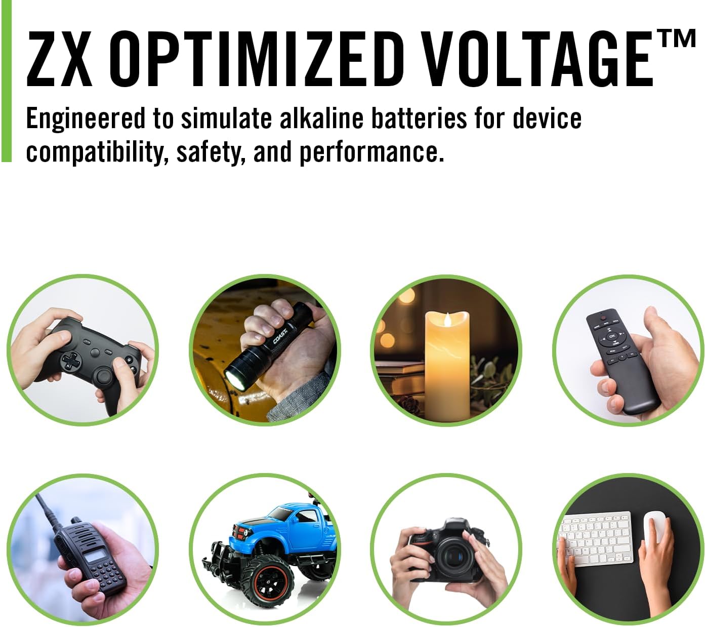Graphic illustrating ZX Optimized Voltage technology and various compatible devices like game controllers, flashlights, candles, remotes, walkie-talkies, RC cars, cameras, and computer mice.