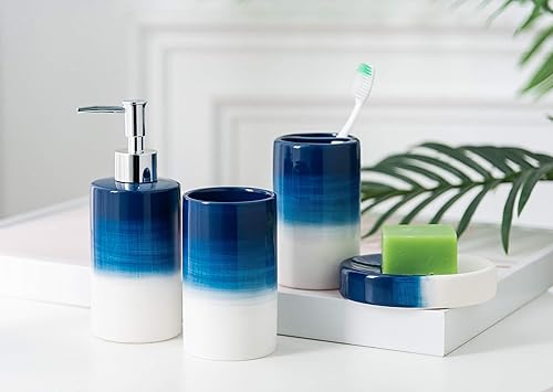 Miniatura 9 de Juego de accesorios de baño azul y blanco  Juegos completos de accesorios de baño incluye dispensador de jabón, soporte para cepillo de dientes,