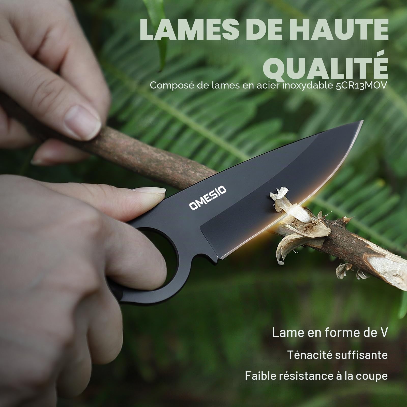 Omesio Couteau Outdoor 5CR13MOV acier Full tang couteau fixe lame drop-point 8,5 cm couteau de ceinture EDC avec Kydex fourreau(manche vert + lame blanche)