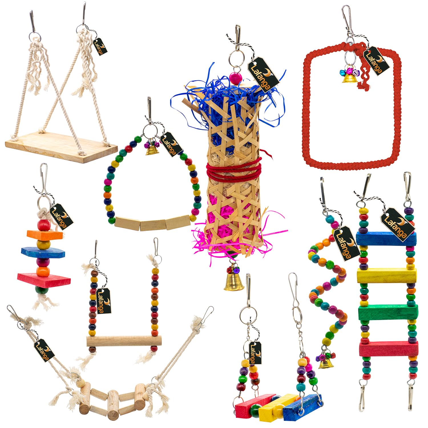 LAFANGA Bundle of 10 Wooden Bird Toys, Swings, Perches, Foraging Cinkle Bird Toys for Small and Medium Parrots & Birds, Budgies, Love Birds, Sun Conure, Cockatiel (B0CMQTWMFZ) Amazon Price History, Amazon Price Tracker