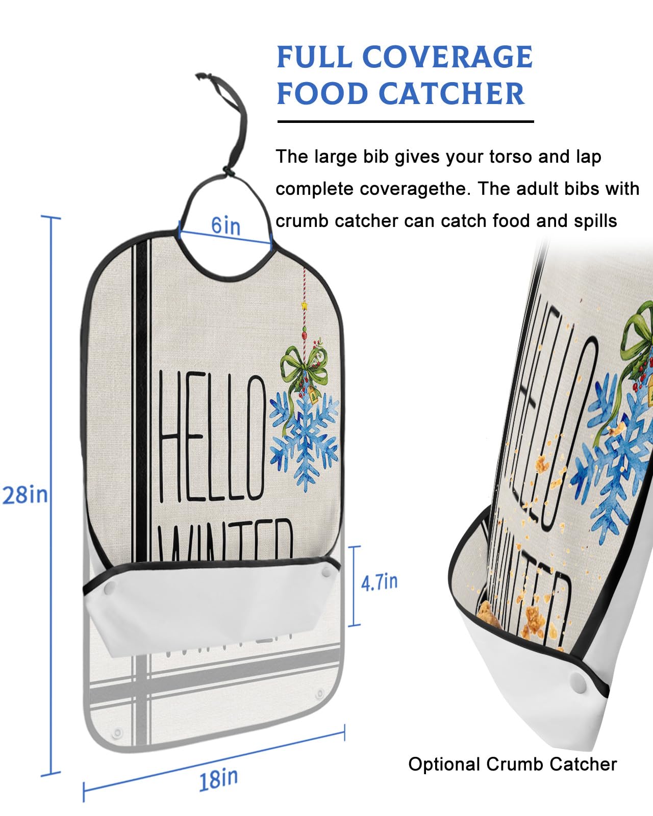 Adult Bibs for Elderly Women - Hello Winter Waterproof Dining Clothing Protectors with Crumb Catcher for Eating/Feeding, Xmas Blue Winter Snowflake Black Striped Terry Cloth Bib Machine Washable